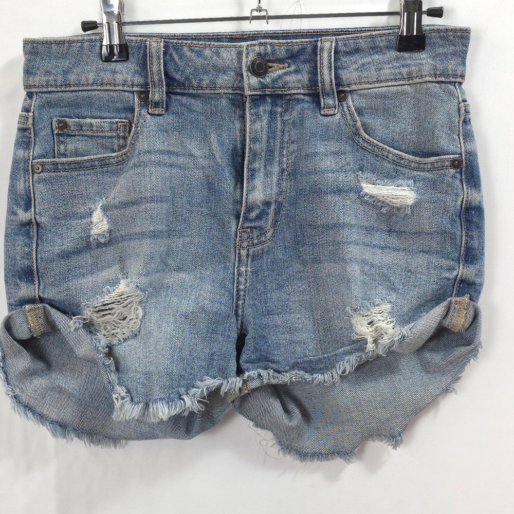 Oasis by Eunina Denim Shorts Distressed Frayed Cut Off Women XS Blue Boho Summer